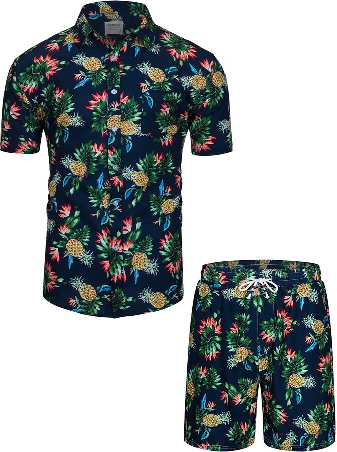 fohemr Mens Hawaiian Beach Shirt and Shorts Sets 2 Piece Tropical Fruit ...