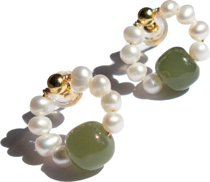 Seree Green Isa Beaded Pearl Jade Hoop Earrings