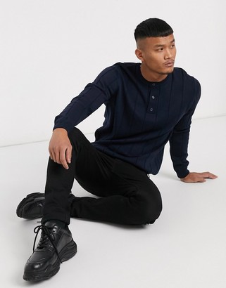 ASOS DESIGN knitted wide rib jumper with grandad neck in navy