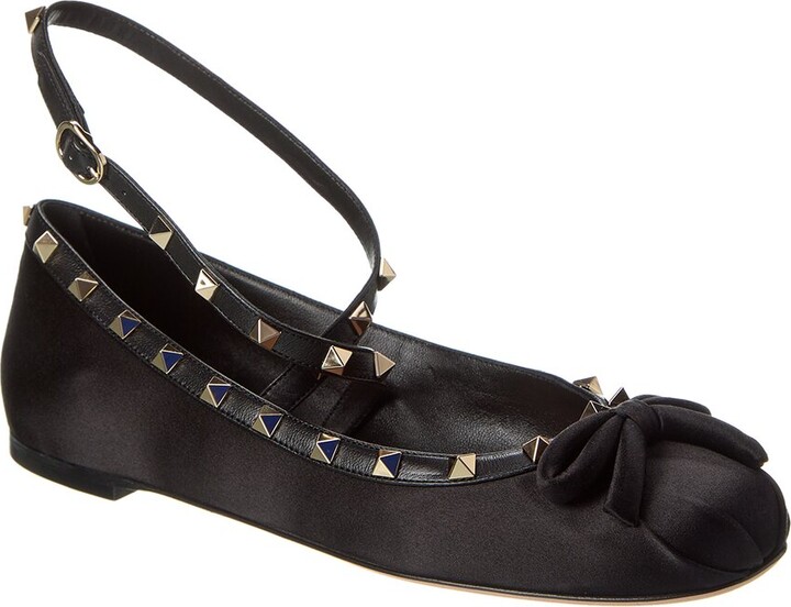 Valentino Rockstud Satin & Leather Ankle Strap Ballerina Flat
