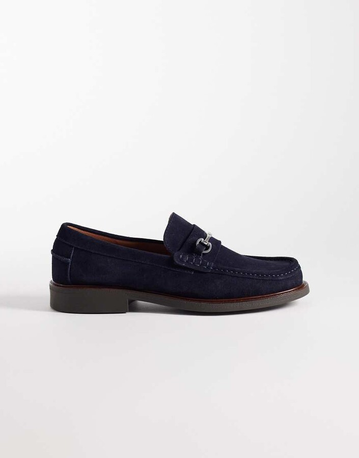 Noak made in Portugal penny loafers with silver snaffle in navy suede