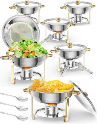 Mercer41 5QT 6 Packs Chafing Dish Buffet Set NSF Round Stainless Steel Chafers and Warmers Food Servers Sets Gold