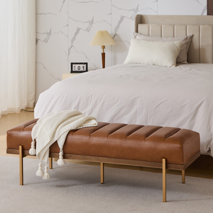 Modern PU Upholstered Bench with Channel Tufting, Metal Base, Brown+Gold