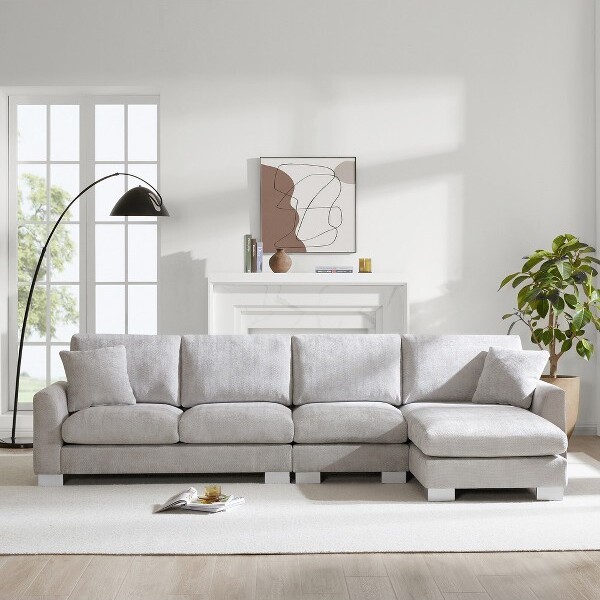 YOOCOZZL-ShapedChenilleSectionalSofawithChaiseLoungeandSilverAluminumFeet-LightGray