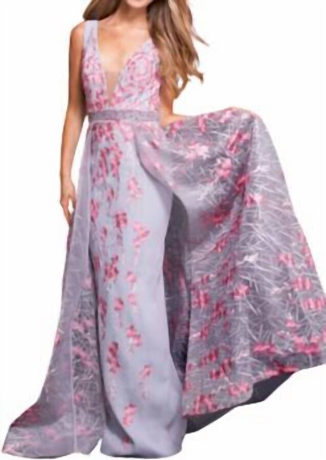 Jovani Embroidered Floral Gown In Grey/pink