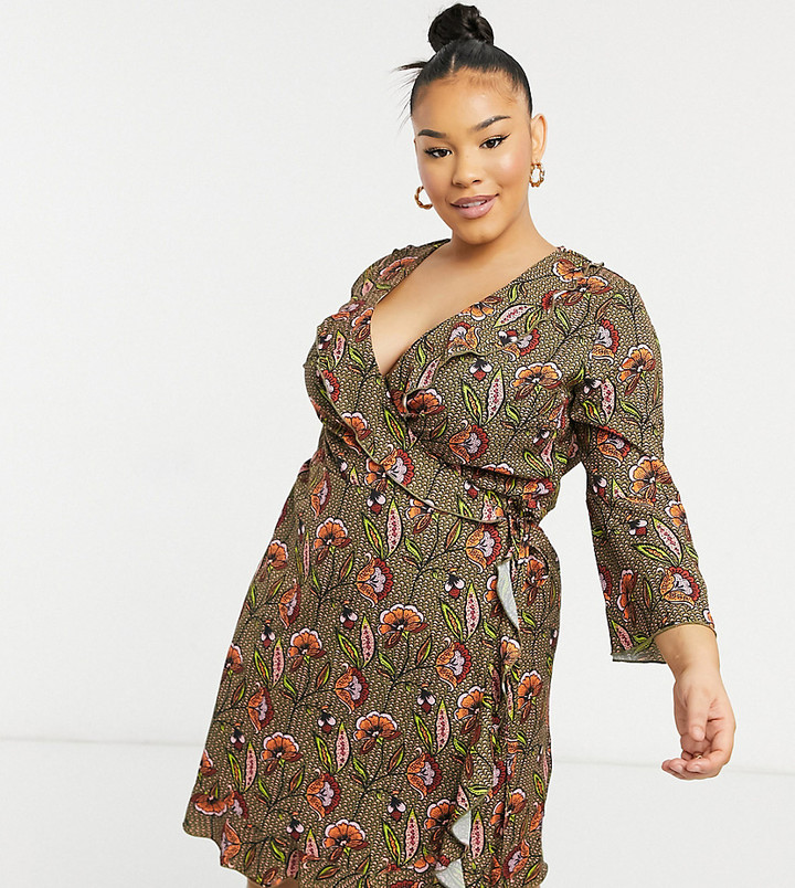 Outrageous Fortune Plus ruffle wrap dress with fluted sleeve in tan floral  print - ShopStyle