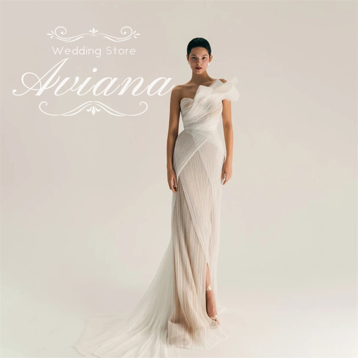DIDEYTTAWL Customized Aviana One Shoulder Ruffled Tulle Sheer Overlay Mermaid Wedding Dress Open Back High Slit Long Train Sleeveless 2025