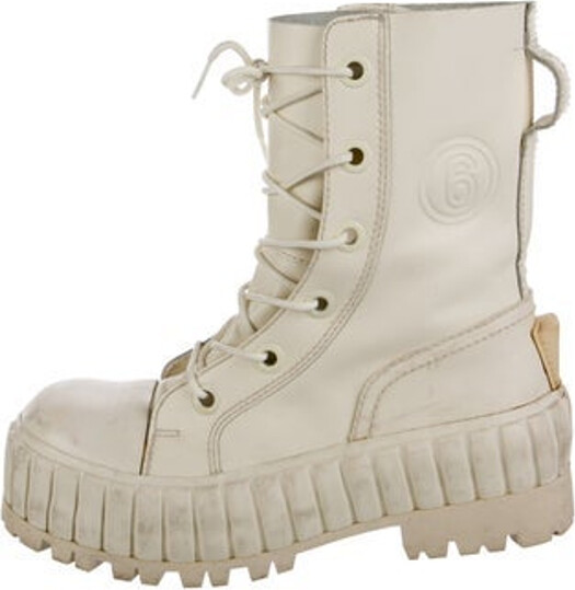 MM6 Maison Margiela Leather Mid-Calf Combat Boots Neutrals Round-Toes Platform Lace-Up Closure at Uppers Unfortunately, due to restrictions, this item may not be eligible for shipping in all areas.