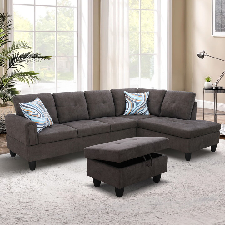 Aukfa 3 Piece L-shape Sectional Sofa Couch w/ Storage Ottoman, Right Chaise, 2 Pillows, Dark Brown