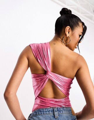 Asos Design One Shoulder Tie Side Top ASOS DESIGN Foil Shine One Shoulder Bodysuit With Twist Back In