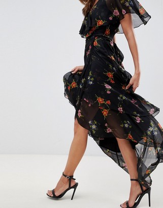 ASOS DESIGN maxi dress with cape back and dipped hem in dark black floral