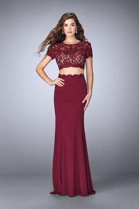 La Femme La Femme Short Sleeve Lace Crop Top and Jersey Skirt Prom Dress 23912