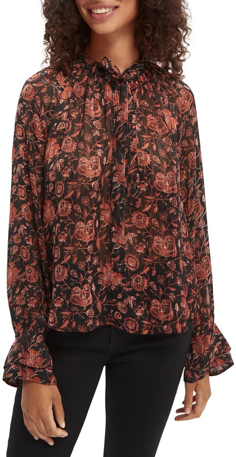 Scotch & Soda Drapey Top in Floral Prints with Elastic Detailing Pull sans Manche Femme
