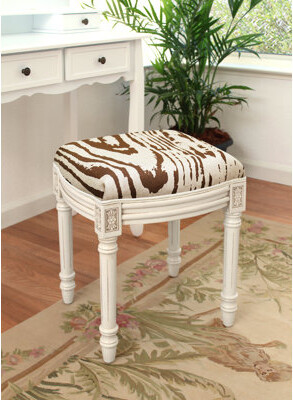 Canora Grey Chartreuse Faux Bois Linen Upholstered Vanity Stool With Wood Stain Finish And Welting