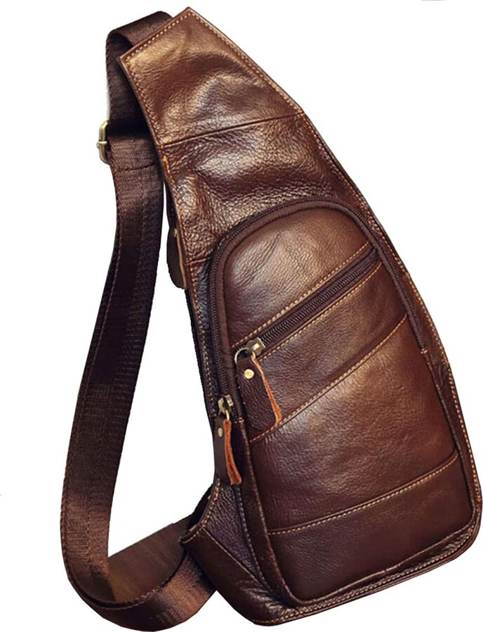 KPYWZER Genuine Crazy Horse Leather Sling Bag - Crossbody Chest Bag For Men & Women