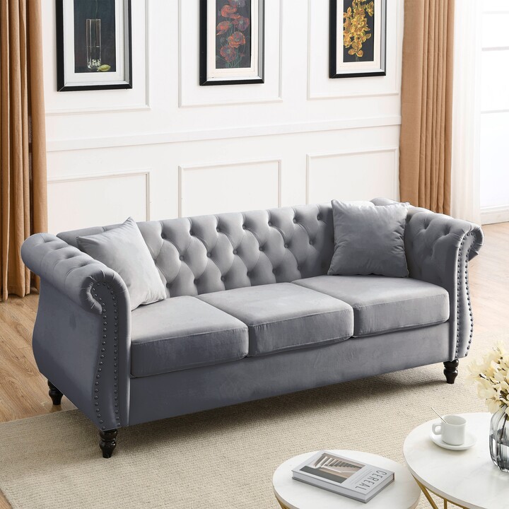 EKAR 80" Chesterfield Tufted Upholstered Velvet Sofa, 3 Seater Sofa