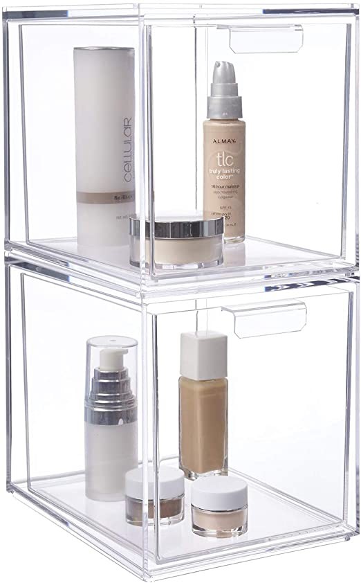 STORi Audrey Stackable Cosmetic Organizer Drawers 6-3/4" Tall | Set of 2 Clear