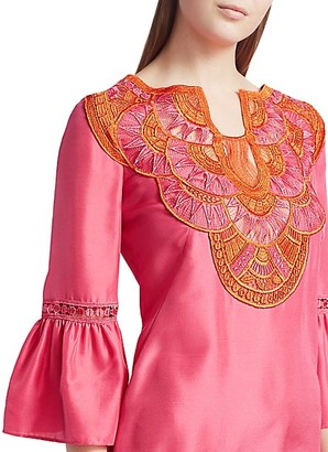 Alberta Ferretti Embroidered Bell-Sleeve Silk Dress