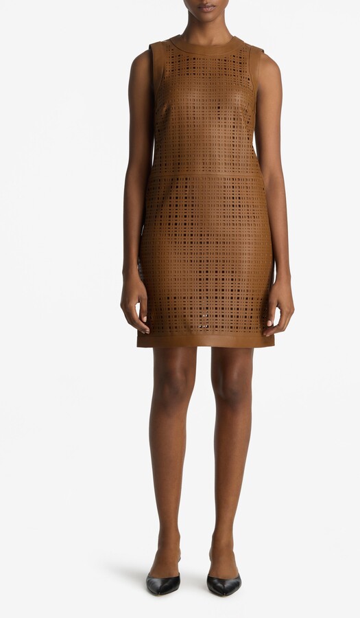 St. John Laser Cut Leather Sheath Dress