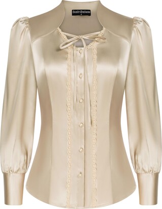 SCARLET DARKNESS Women Victorian Satin Tops Stand Collar Long Sleeve Satin  Shirt White Fairy Costume Pearl Button Lace Trim Dressy Silk Blouses L -  ShopStyle