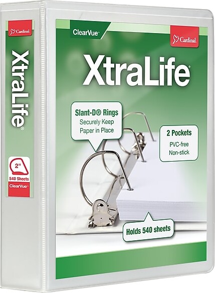 Cardinal XtraLife Heavy Duty 2" 3-Ring View Binders, D-Ring, White (26320)