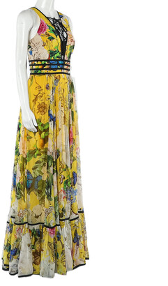 Roberto Cavalli Yellow Floral Printed Silk Lace Up Detail Sleeveless Maxi Dress S