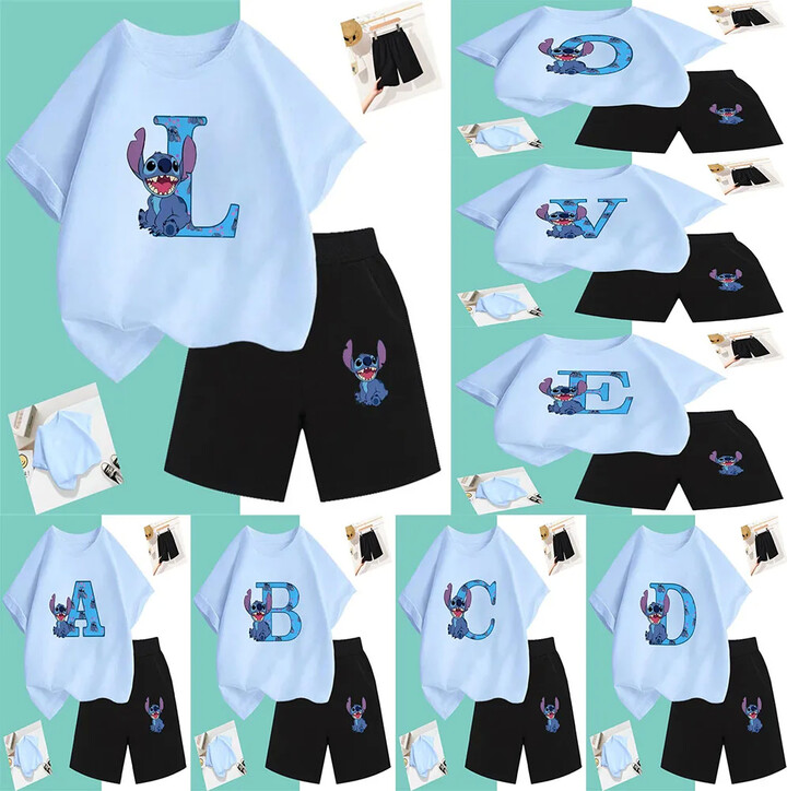 Lilo And Stitch t shirt Set Birthday Lucky Letter Cotton Children & apos;s Wear Girls And Boys Sports Shirts Comic T-shirts Baby Casual