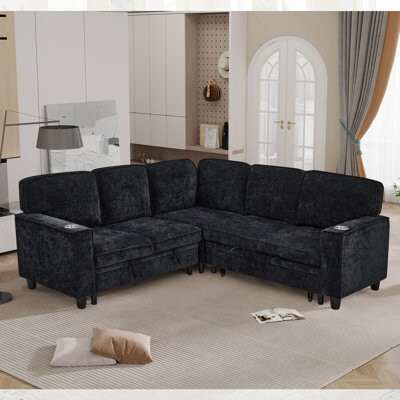 81" L-Shaped Upholstered Chenille Pull Out Sofa Bed Sectional with Underseat Storage & USB Ports