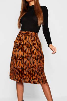 boohoo Woven Tie Waist Tiger Print Midi Skirt