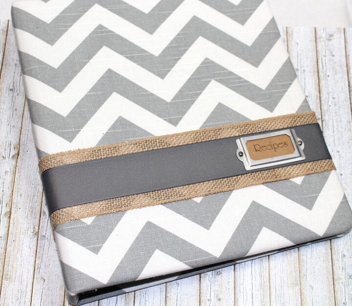 Etsy Gray Recipe Binder, Dividers, Chevron Rustic 3 Ring Note Book, Organizer, Custom