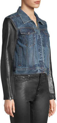 Nico Zip-Front Denim Jacket with Leather Sleeves