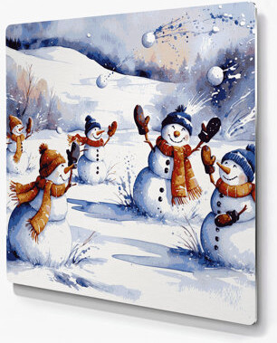 Hokku Designs Christmas Snowmen having a snowball fight Blue Metal Wall Art