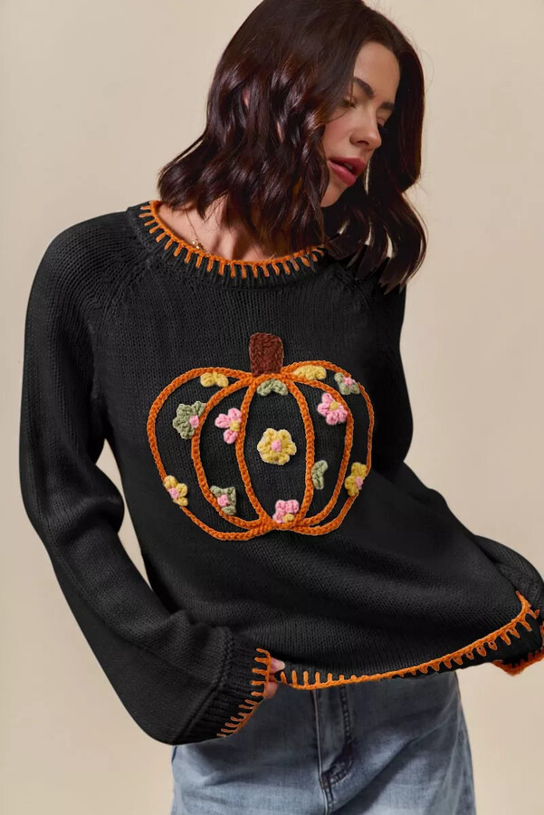 TRUEDAMES Pumpkin Floral Embroidered Thanksgiving Sweater