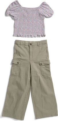 TJMAXX Girls 2Pc Smocked Top With Cargo Pants Set, Spandex/Polyester