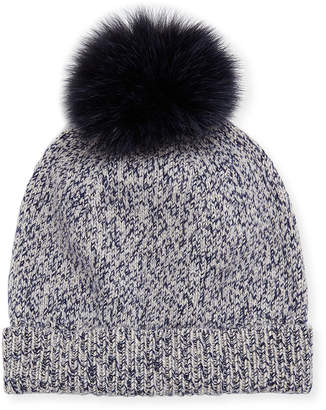 Sofia Cashmere Marbled-Knit Beanie Hat w/ Fur Pompom