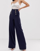 Thumbnail for your product : Flounce London Tall wide leg trousers with gold button detail in navy