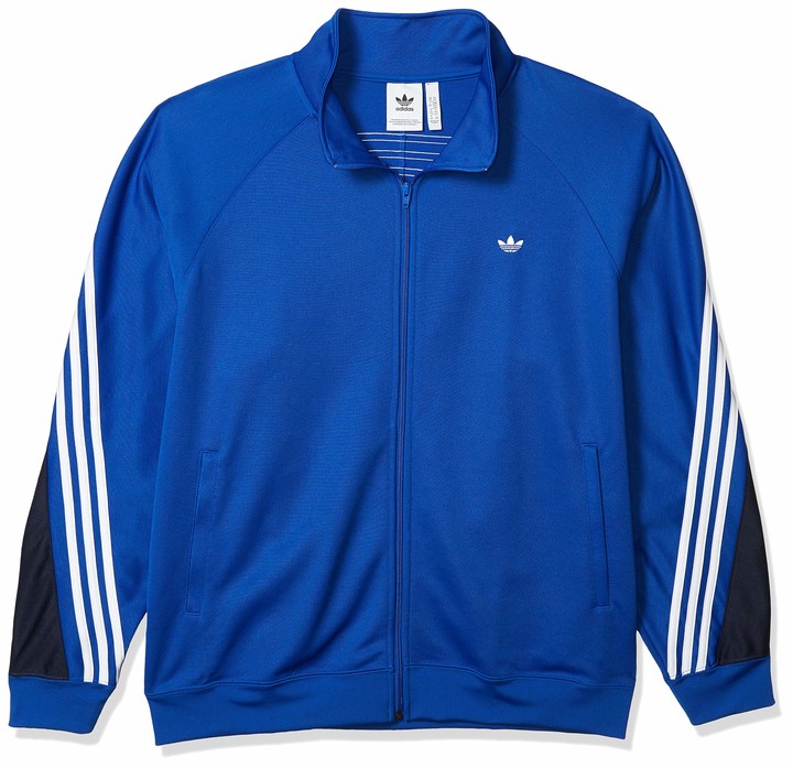 blue adidas jacket with white stripes