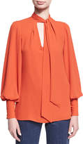 Thumbnail for your product : Josie Natori Long Bishop-Sleeve Tie-Neck Silky Blouse