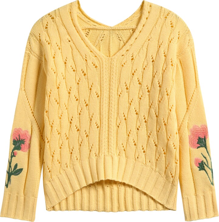Freshman Kids' Flower Embroidered Pointelle V-Neck Sweater