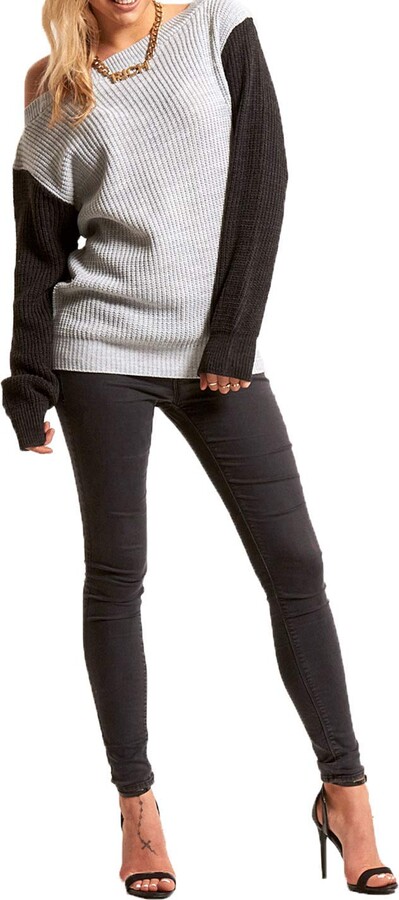 Be Jealous Womens Off Shoulder Jumper Chunky Oversized Knit Top Light Grey  Charcoal Plus Size (UK 20/22) - ShopStyle