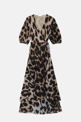 Ganni Printed Mesh Wrap Dress In Maxi Leopard - 36