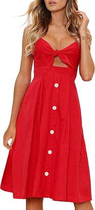 FANCYINN Womens Tie Front Dress Summer V-Neck Spaghetti Strap Dresses Button Down A-Line Midi Dress Red XS