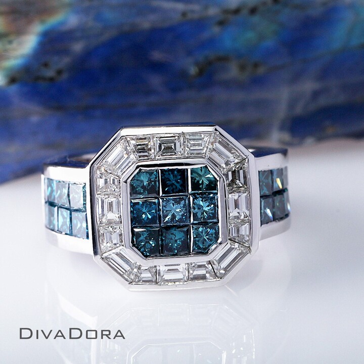 Etsy 18K Solid White Gold Octagon Ring, Enhanced Blue Diamonds, Baguette Genuine For Men, Unique Channel Set, Made in USA Dr1334
