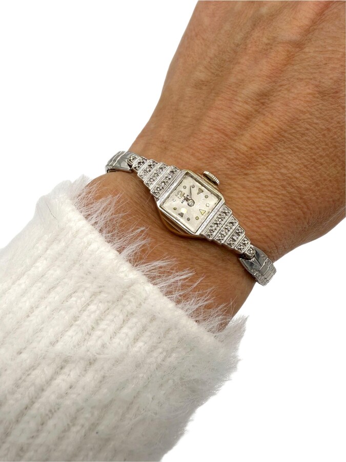 1930s Benrus 14k White Gold Art Deco Diamond Skyscraper Wristwatch