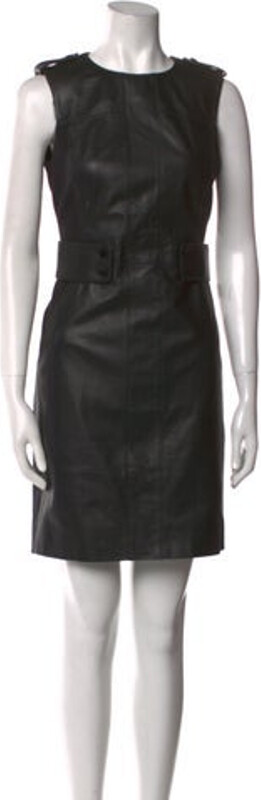 Tory Burch Shift Dress Black Leather Trim Embellishment Sleeveless with Crew Neck Concealed Zip Closure at Back Designer
