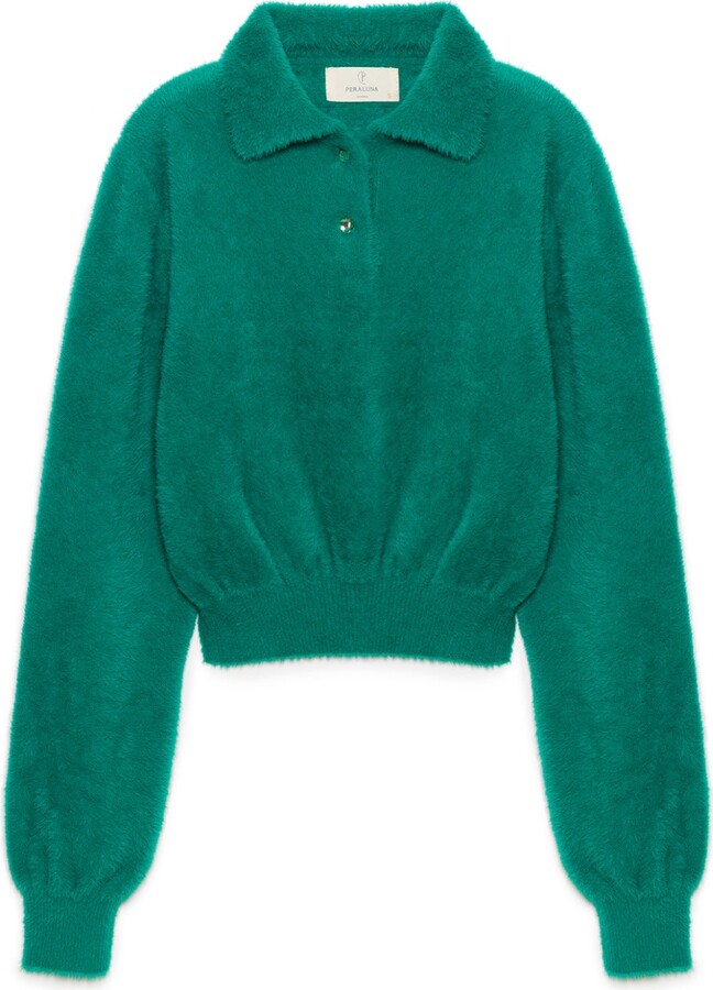 Peraluna Lucy Polo-Neck Crop Knit Blouse In Dark Green