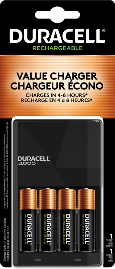 Duracell ION SPEED 1000 Rechargeable Battery Charger, Includes 4 AA NiMH Batteries, Multicolor