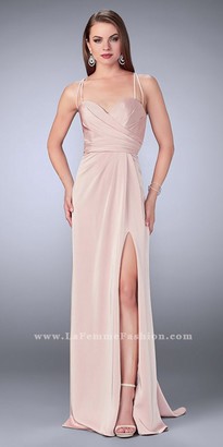 La Femme Pleated Jersey Multi Strap Prom Dress