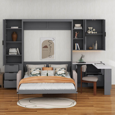 Queen Murphy Bed With Hydraulic Storage And Sofa, Foldable Wall Frame With Shelves,Drawers And LED/USB Lighting