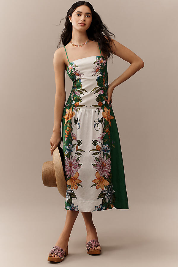 Farm Rio Sweet Bloom Dreamscape Linen Blend Sleeveless Midi Dress